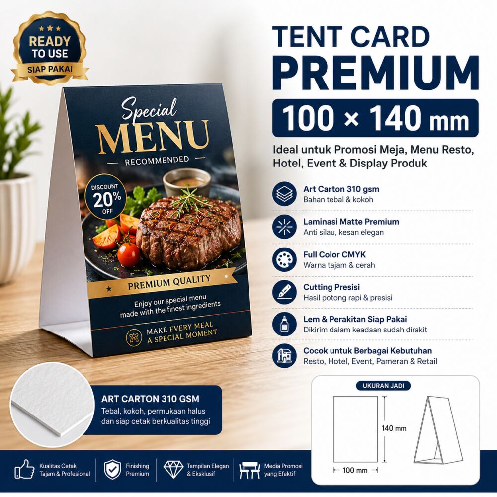 Cetak Tent Card 10 x 14 cm Art Carton 310g Laminating Matte