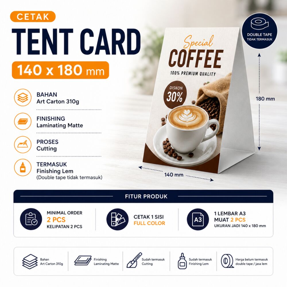 Cetak Tent Card 14 x 18 cm Art Carton 310g Laminating Matte